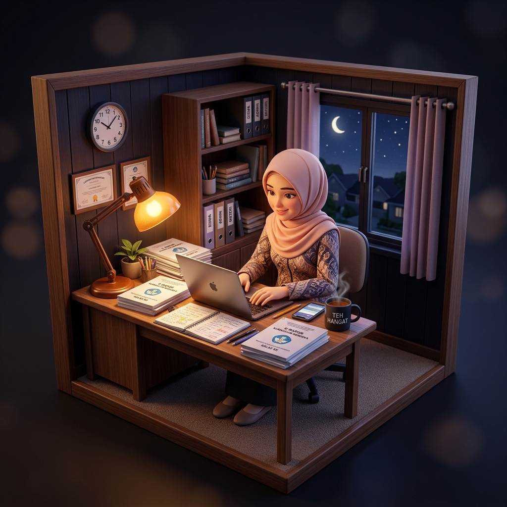 3D Diorama Guru Menyusun Narasi e-Rapor Malam Hari